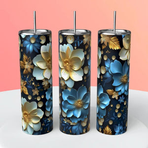 Blue Gold Floral 3D Tumbler 20oz Skinny Straight Tumbler drinkware-with straw -water bottle -coffee mug cup travel tumbler