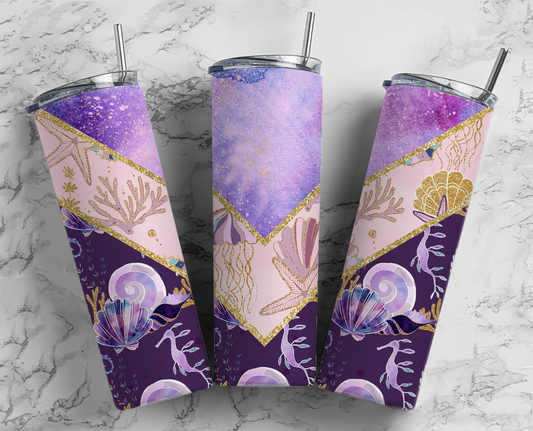 Seashells purple Tumbler 20oz Skinny Straight Tumbler drinkware-with straw -water bottle -coffee mug cup travel tumbler Stainless Steel