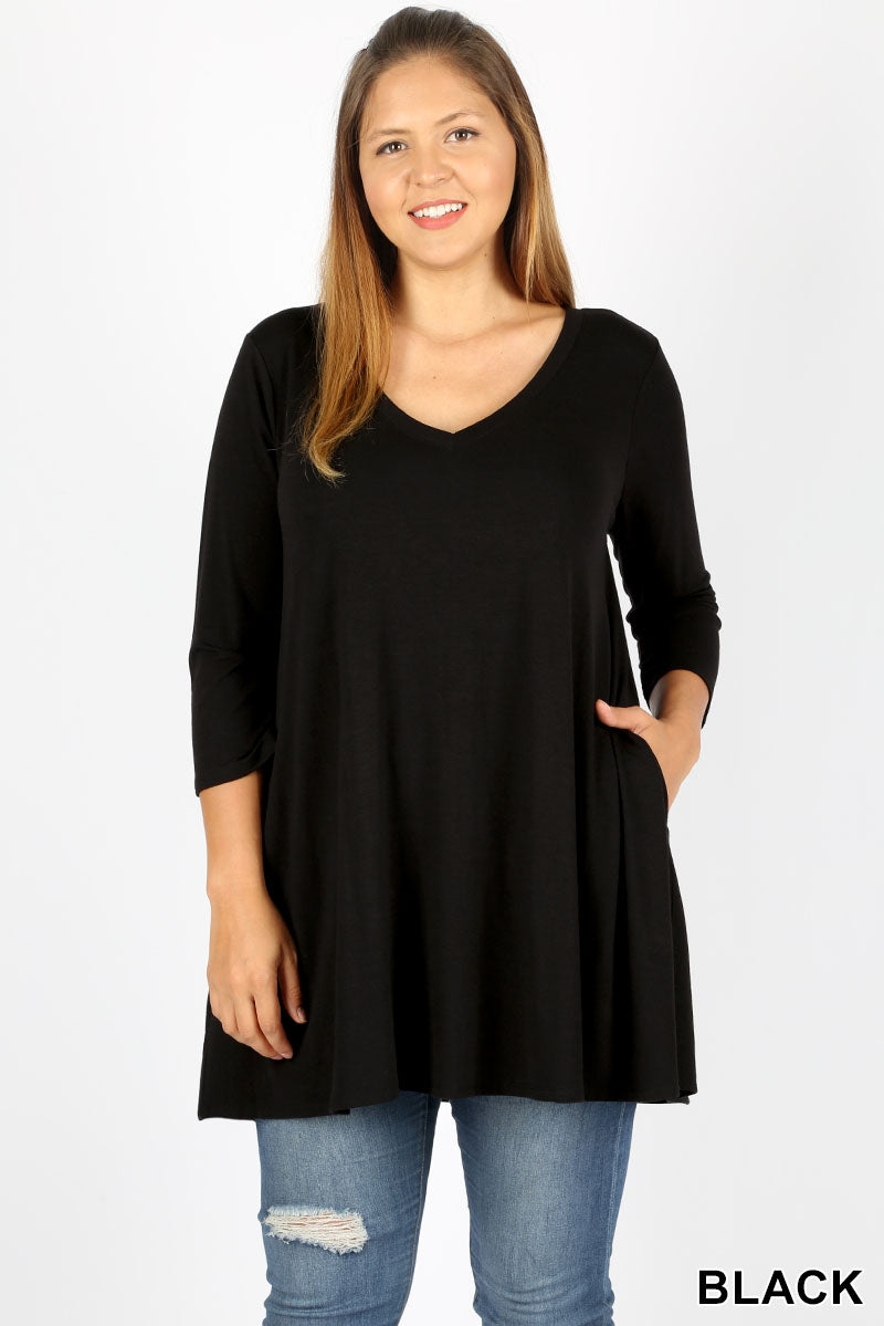 V - NECK FLARED TOP WITH SIDE POCKETS - 3/4 Sleeves - Black