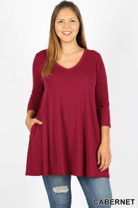 V - NECK FLARED TOP WITH SIDE POCKETS - Plus Size - 3/4 Sleeves - Cabernet Red