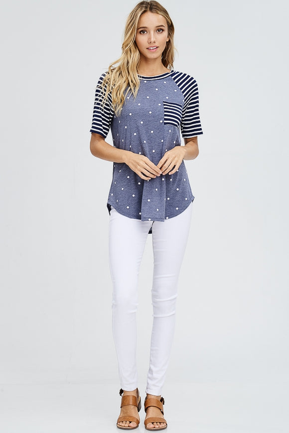 Polka Dot raglan knit top - shirt - Navy - short sleeves
