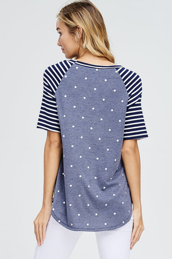 Polka Dot raglan knit top - shirt - Navy - short sleeves