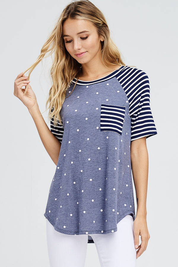 Polka Dot raglan knit top - shirt - Navy - short sleeves