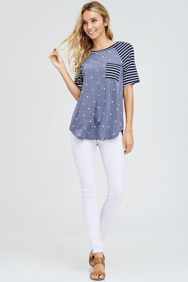 Polka Dot raglan knit top - shirt - Navy - short sleeves