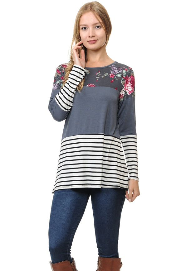 COLOR BLOCK FLORAL LONG SLEEVE TUNIC TOP