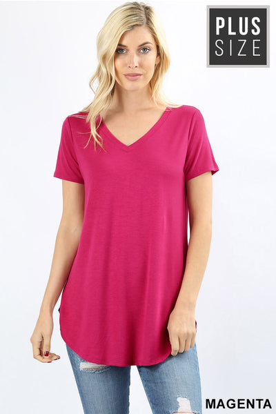 SALE SHORT SLEEVE V-NECK ROUND HEM TUNIC PLUS TOP - Magenta pink col –  Berry Blossom Fashion