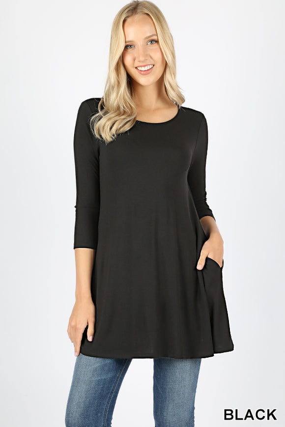 BOAT NECK FLARED TOP WITH SIDE POCKETS - 3/4 Sleeves - Black