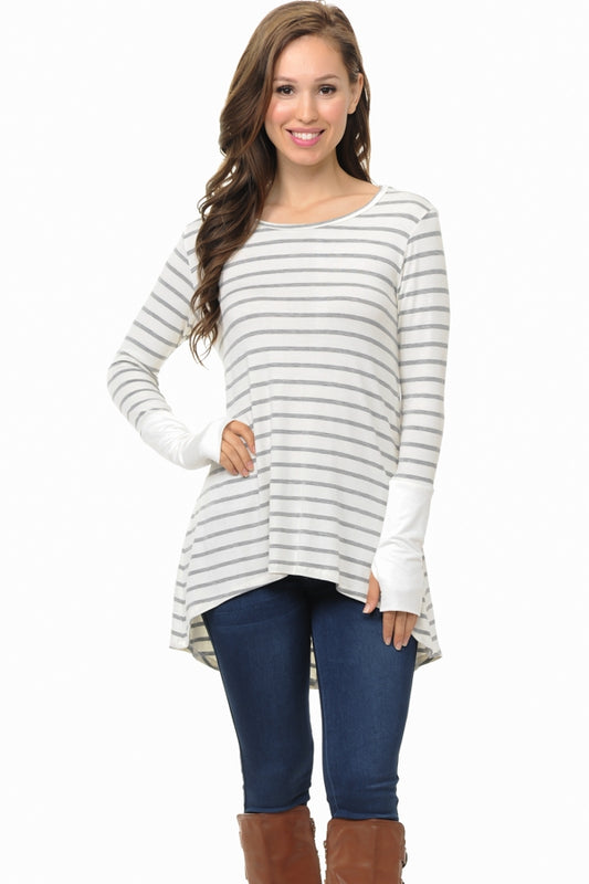 STRIPE HI-LOW TUNIC TOP WITH THUMB HOLE - White and Grey