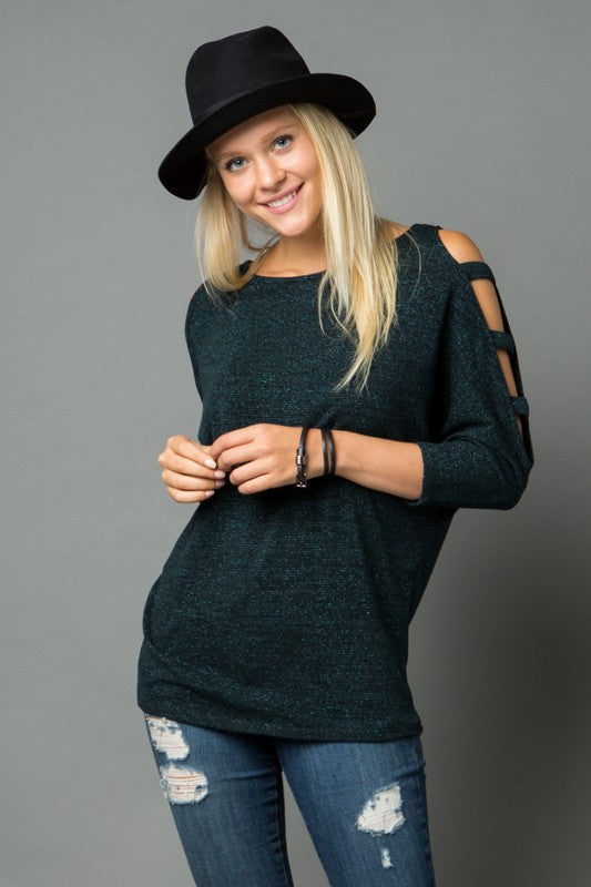 "SALE" Solid Print Knit Open Shoulder Sleeve Top - Dark Green