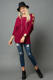 "SALE" Solid Print Knit Open Shoulder Sleeve Plus size Top - Burgundy red