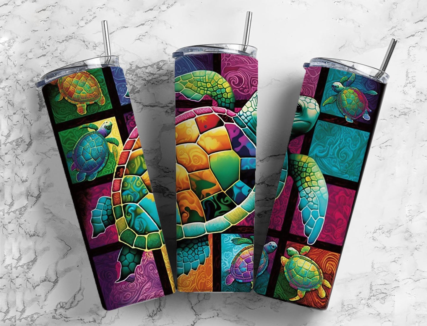 Abstract Turtle Pattern 20oz Skinny Tumbler custom drinkwear - with straw - Skinny straight water bottle