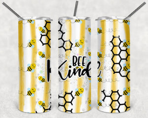 Bee Kind 20oz Skinny Tumbler custom drinkware - with straw - Stainless Steel cup Bumble Bee