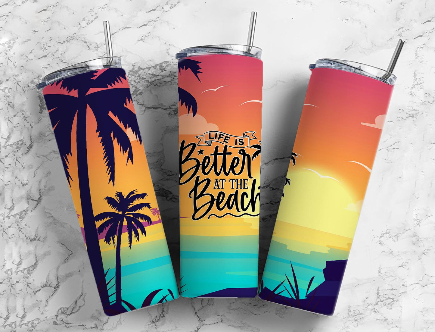 Life Is Better At The Beach 20oz Skinny Straight Tumbler drinkware-with straw -water bottle -coffee mug cup travel tumbler