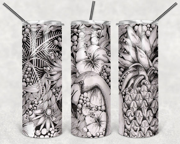 Black And White Flamingo 20oz Skinny Tumbler custom drinkware - with straw - Stainless Steel cup