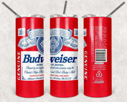 Budweiser 20 oz Skinny Tumbler custom drinkware - with straw - Stainless Steel