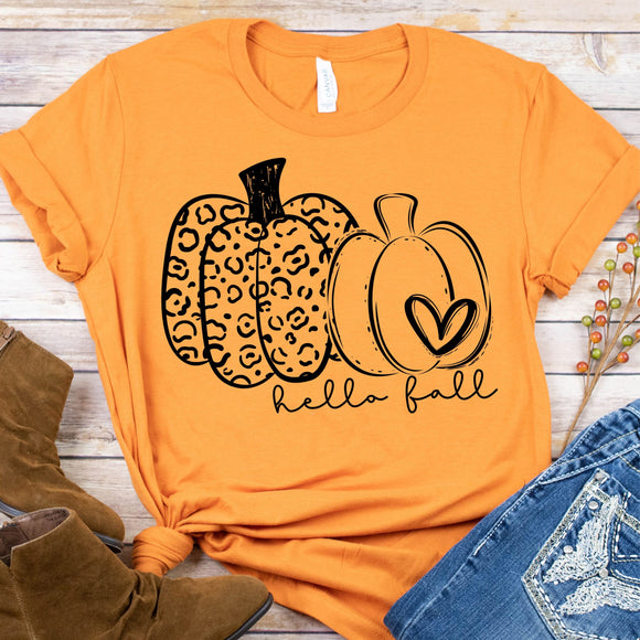 Hello Fall Pumpkin Gold Color T-Shirt - Ladies Shirt - graphic t-shirt - Fall, Halloween, Thanksgiving t-shit