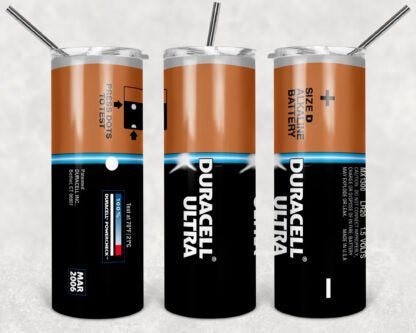 Duracell Battery 20oz Skinny Tumbler custom drink wear - with straw - Stainless Steel cup -