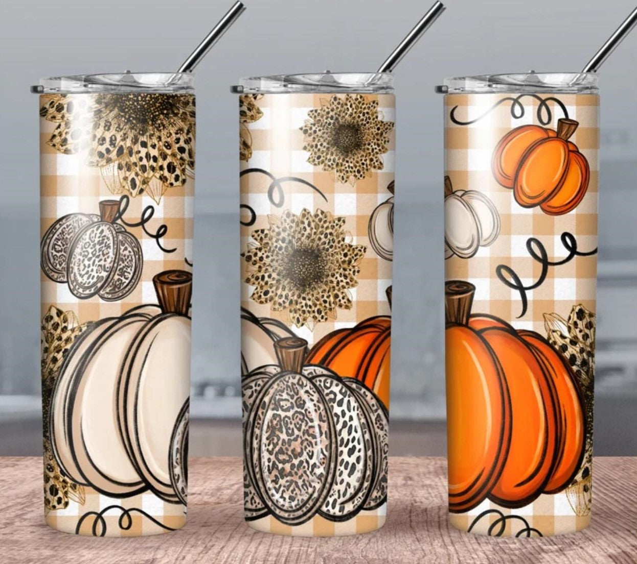 Fall Beige Leopard Orange Pumpkin Sunflower 20oz Skinny Tumbler custom drinkware - with straw - Stainless Steel cup