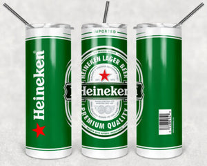 Heineken 20oz Skinny Tumbler custom drinkware - with straw - Stainless Steel cup - Beer Tumbler