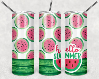 Hello Summer 20oz Skinny Tumbler custom drinkware - with straw - Stainless Steel cup - Watermelon