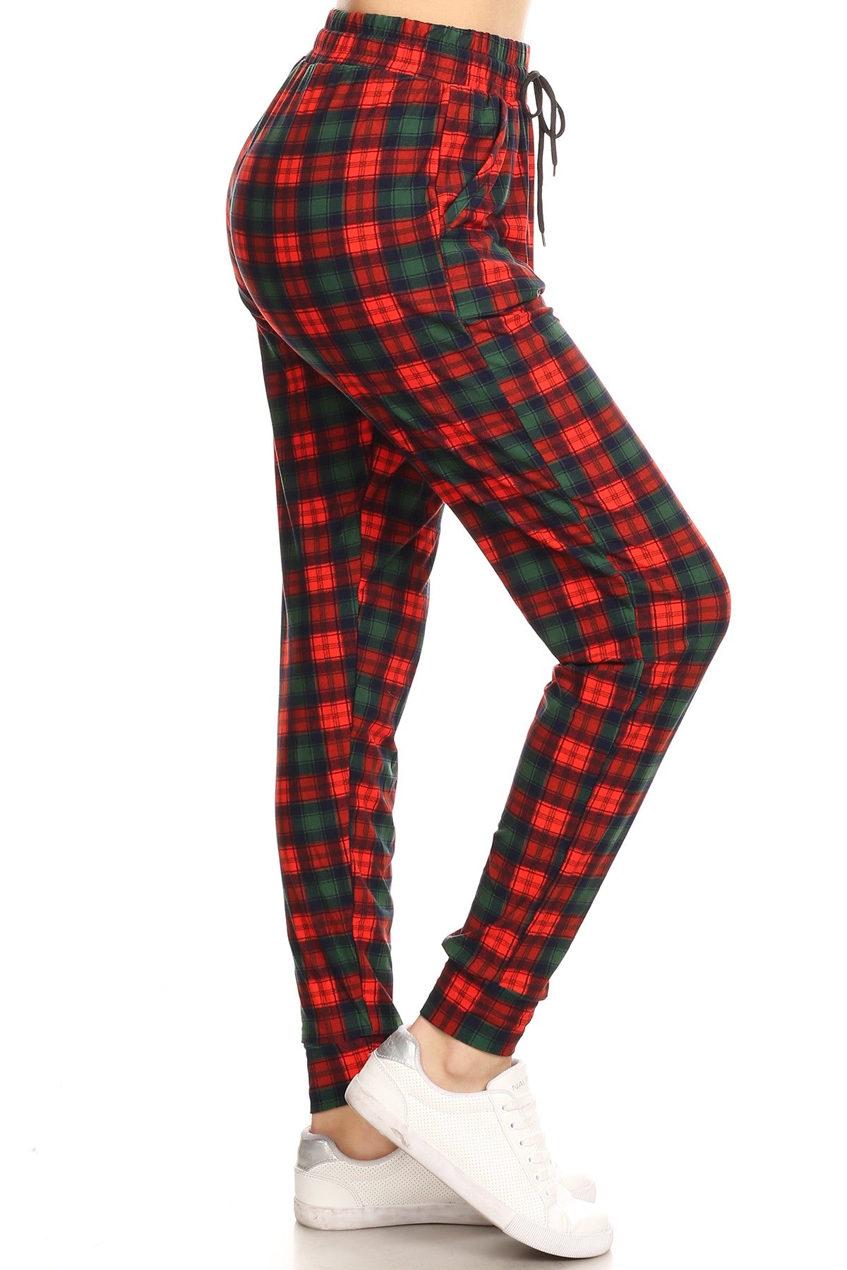 Ladies Christmas plaid printed Joggers waist pockets - Red, Green - Women's