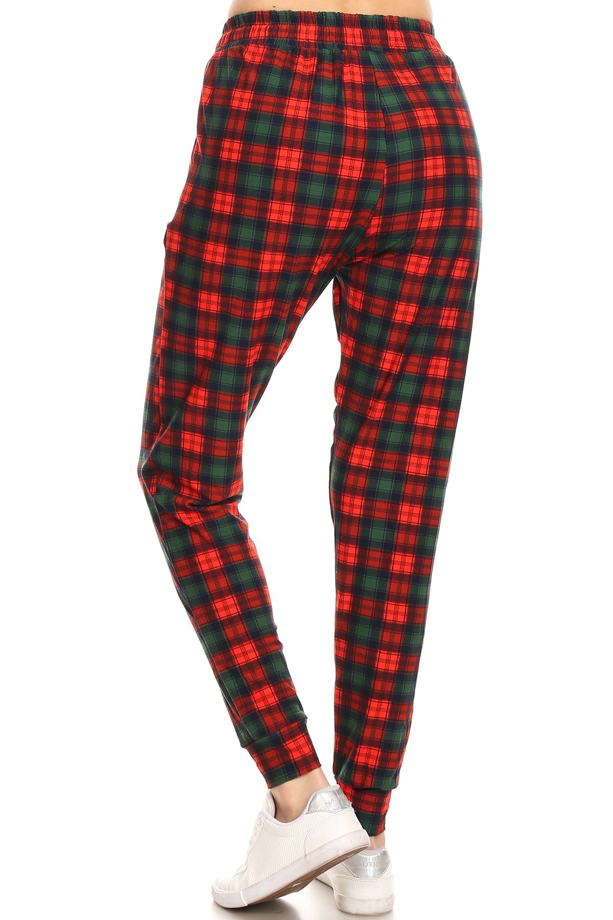 Ladies Christmas plaid printed Joggers waist pockets - Red, Green - Women's