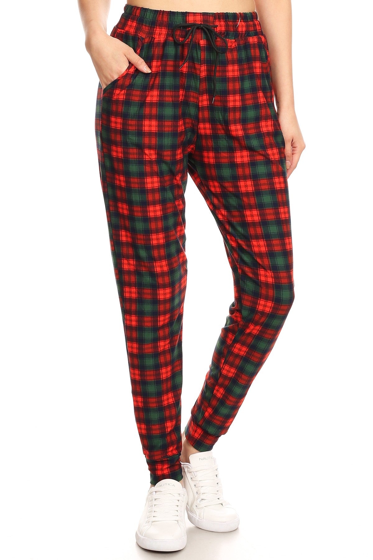 Ladies Christmas plaid printed Joggers waist pockets - Red, Green - Women's