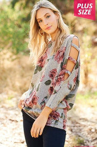 Floral top with cut out sleeves - Plus size - Grey