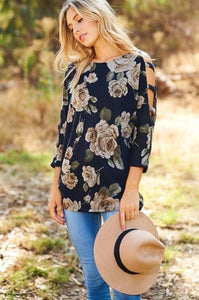 Floral top with cut out sleeves - Navy