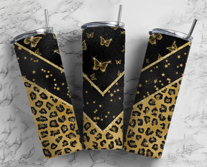 Leopard Tumbler Gold and Black 20oz Skinny Straight Tumbler drinkware-with straw -water bottle -coffee mug cup travel tumbler