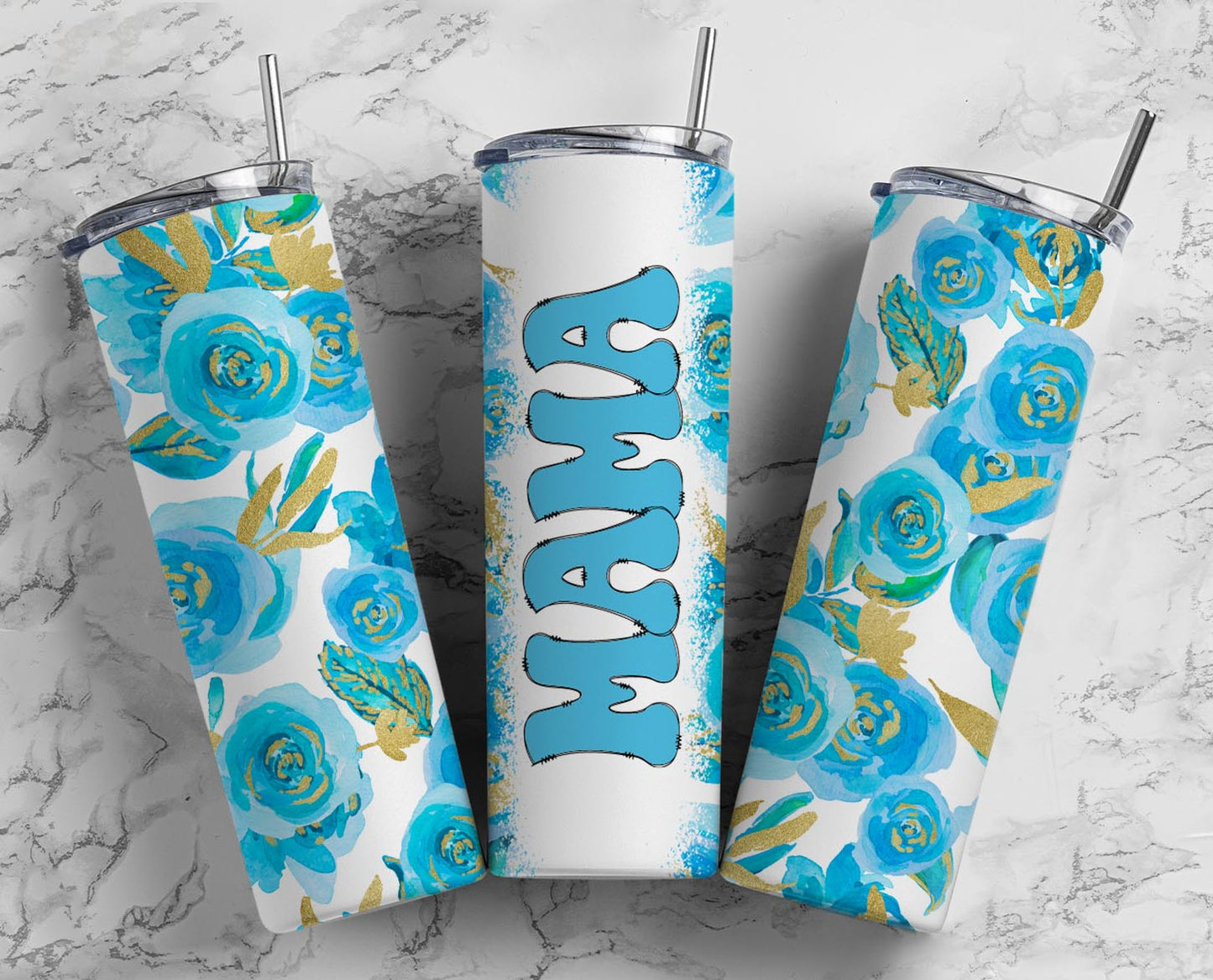 Mama Tumbler White Blue Flowers 20oz Skinny Straight Tumbler drinkware-with straw -water bottle -coffee mug cup travel tumbler