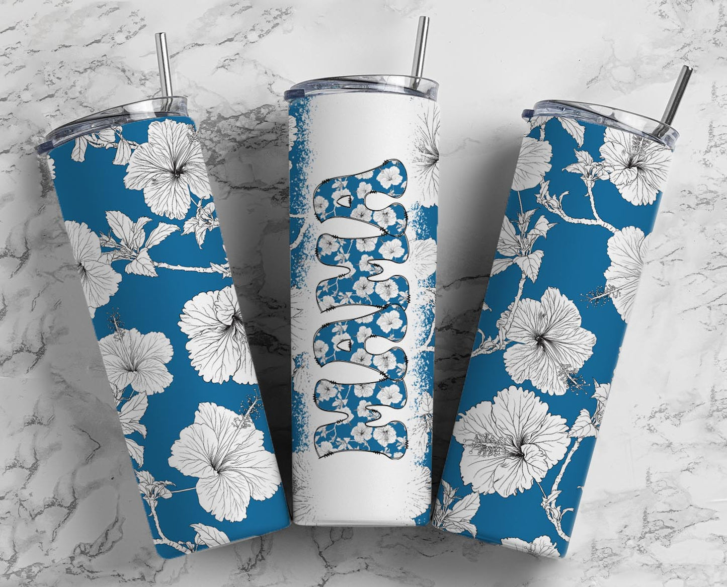 Mama Tumbler Blue White Flowers 20oz Skinny Straight Tumbler drinkware-with straw -water bottle -coffee mug cup travel tumbler