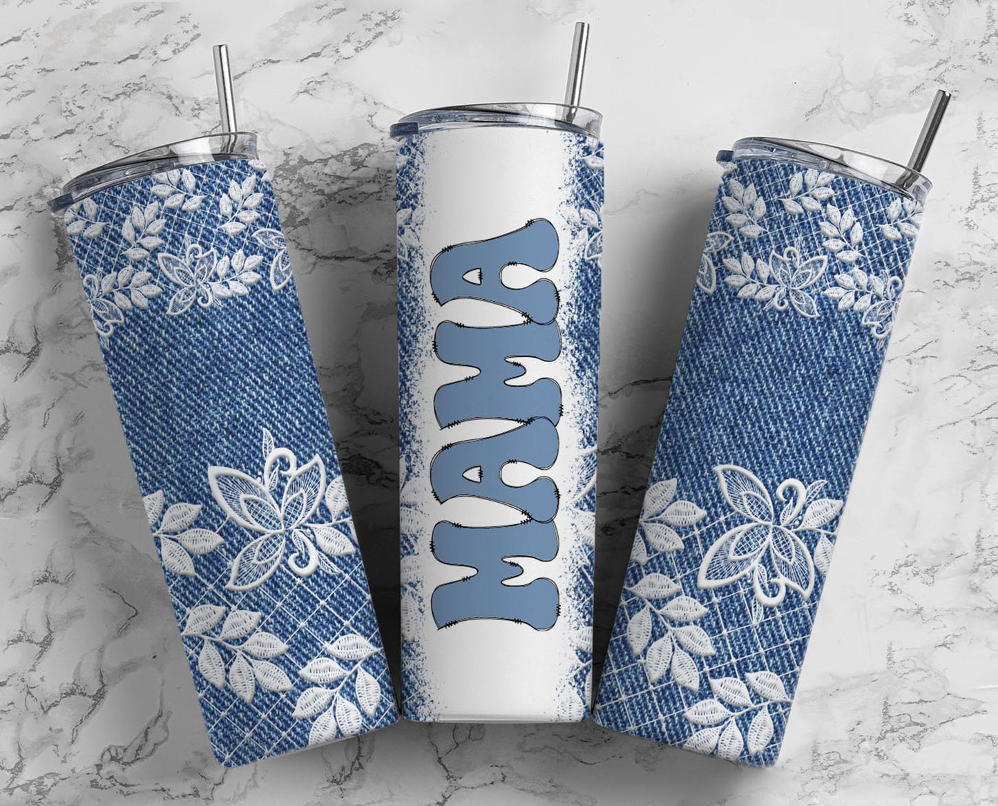 Mama Tumbler Denim and Lace 20oz Skinny Straight Tumbler drinkware-with straw -water bottle -coffee mug cup travel tumbler