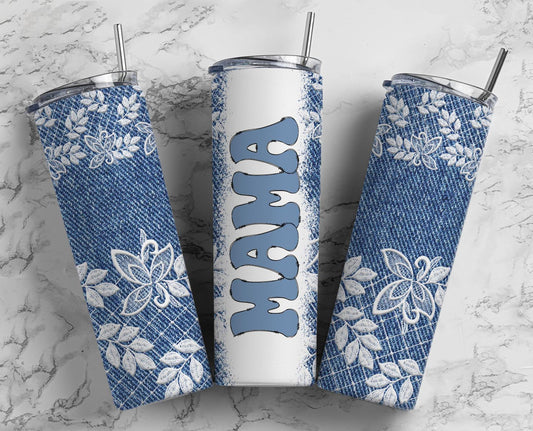 Mama Tumbler Denim and Lace 20oz Skinny Straight Tumbler drinkware-with straw -water bottle -coffee mug cup travel tumbler