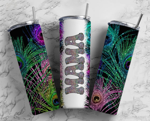 Mama Peacock Feathers 20oz Skinny Straight Tumbler drinkware-with straw -water bottle -coffee mug cup travel tumbler