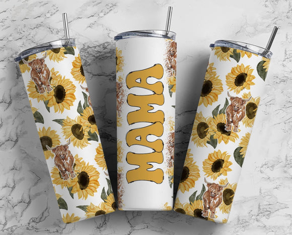Mama Sunflower Highland Cow 20oz Skinny Tumbler custom drinkwear - with straw - Skinny straight water bottle
