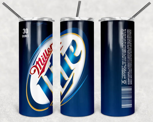 Miller Lite Beer 20oz Skinny Tumbler custom drinkware - with straw - Stainless Steel Cup