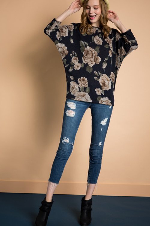 Floral top with cut out sleeves - Navy