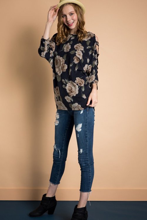 Floral top with cut out sleeves - Navy