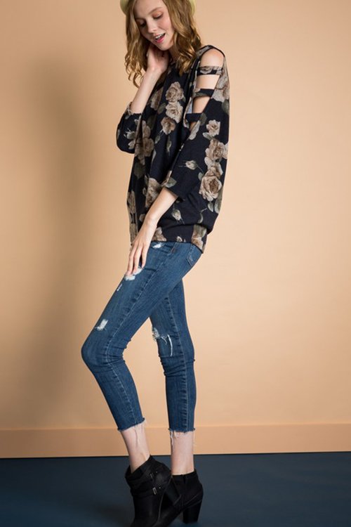 Floral top with cut out sleeves - Navy