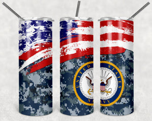 Navy 20oz Skinny Tumbler custom drinkware - with straw - Stainless Steel - American Flag