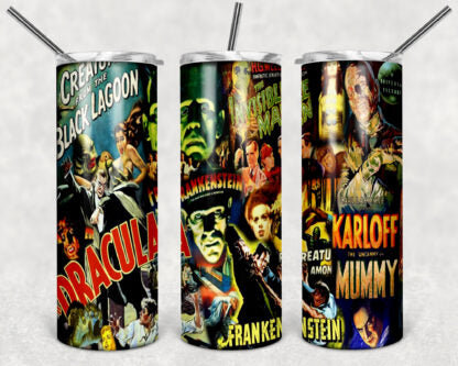 Old Horror Movies 20oz Skinny Tumbler custom drinkware - with straw - Stainless Steel cup - Halloween