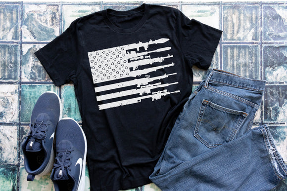 Rifle Flag Tee -Black Unisex T-Shirt - Men' or Ladies American Shirt - American Flag and Guns