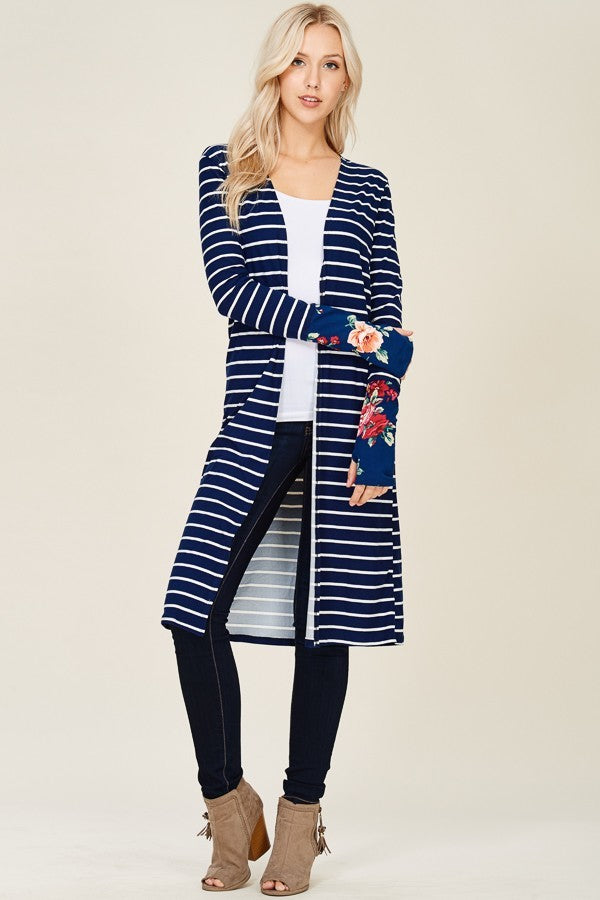 Long Sleeves Striped Cardigan, floral cuff with thumbholes- Plus Size - Black and white
