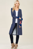 Long Sleeves Striped Cardigan, floral cuff with thumbhole - Navy