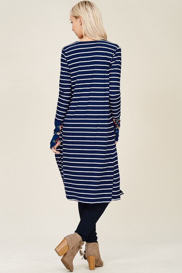 Long Sleeves Striped Cardigan, floral cuff with thumbholes- Plus Size - Black and white