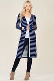 Long Sleeves Striped Cardigan, floral cuff with thumbholes- plus size - Navy