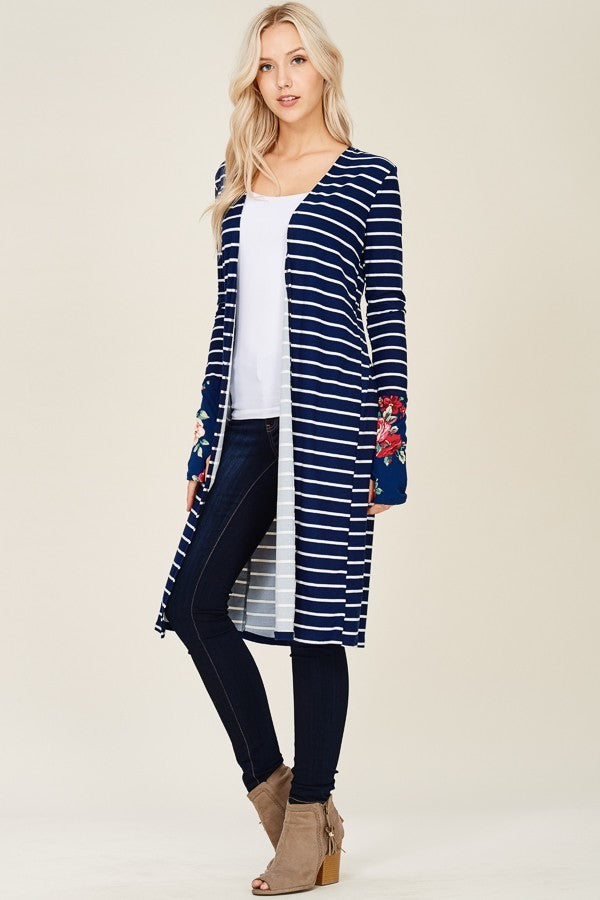 Long Sleeves Striped Cardigan, floral cuff with thumbholes- Plus Size - Black and white