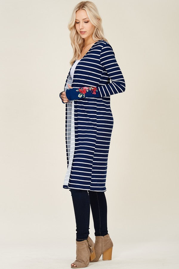 Long Sleeves Striped Cardigan, floral cuff with thumbholes- Plus Size - Black and white