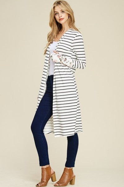 Long Sleeves Striped Cardigan, floral cuff with thumbholes- Plus Size - Black and white